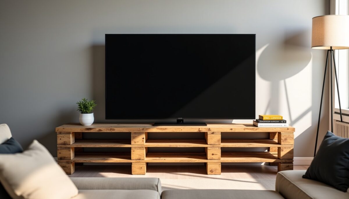 Métamorphosez votre mur en chef-d'œuvre pratique : la palette détournée en support TV innovant