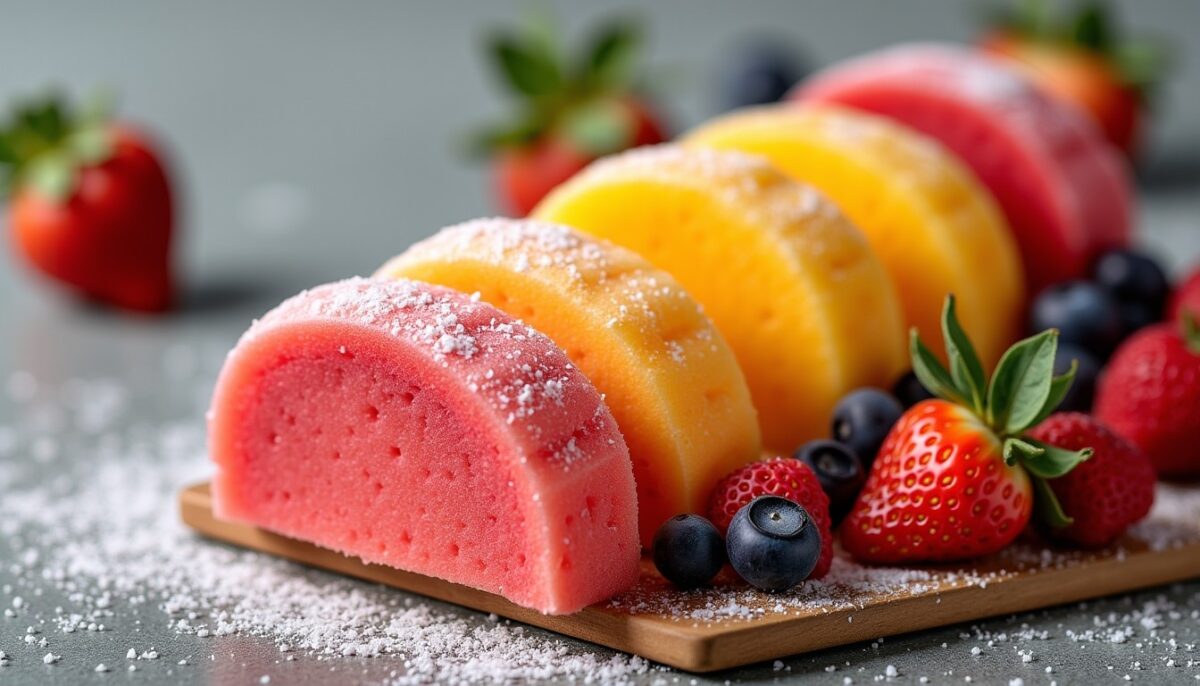 Gaufres arc-en-ciel gourmandes aux fruits exotiques colorés